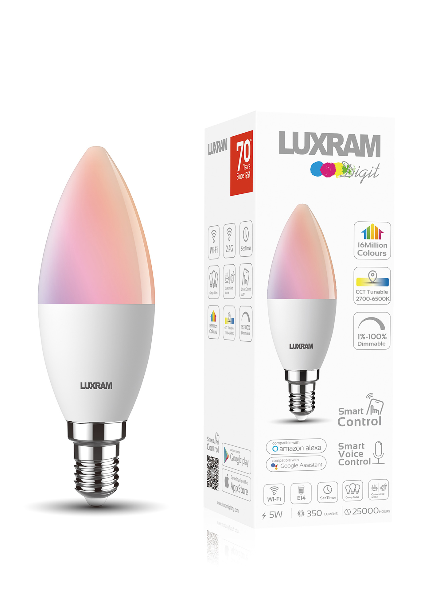 3000142  Digit Wi-Fi Smart Lamp Bulb RGB+CCT Candle E14 5W 350lm